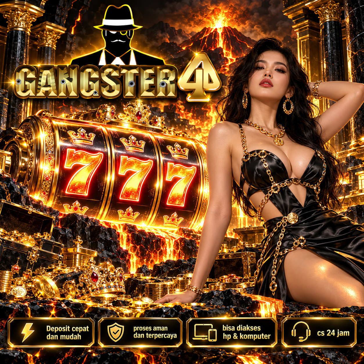 Poster GANGSTER4D berlatar gunung berapi dengan karakter fedora dan ilustrasi emas